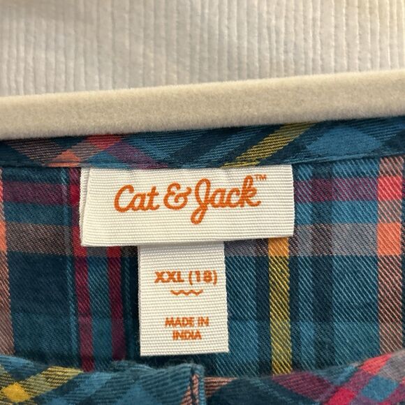 Cat & Jack Girls XXL 18 Plaid Button Front Long Sleeve Dress Blue Green NWT - Picture 3 of 16